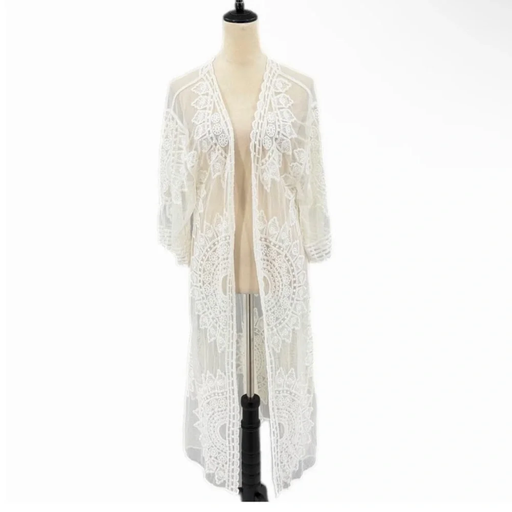 Rachel Zoe Lace Kimono Cover Up Duster White Sheer Bohemian